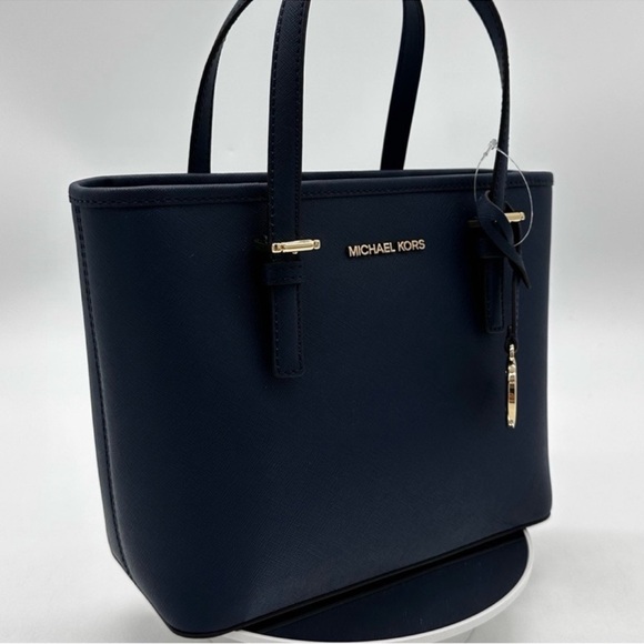 Michael Kors Jet Set Travel Extra-Small Top Zip Tote Bag Navy Blue/Gold